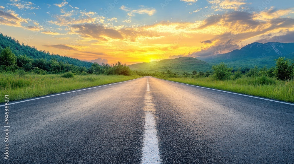 View of a long straight deserted asphalt road with the evening sun sky background wallpaper AI generated image View of a long straight deserted asphalt road with the evening sun sky background wallpaper AI generated image