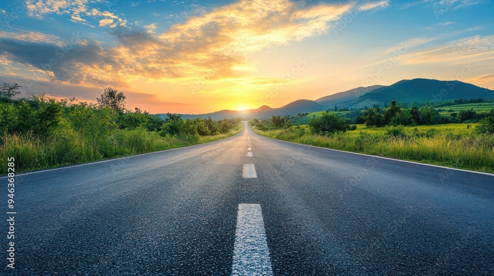 View of a long straight deserted asphalt road with the evening sun sky background wallpaper AI generated image View of a long straight deserted asphalt road with the evening sun sky background wallpaper AI generated image