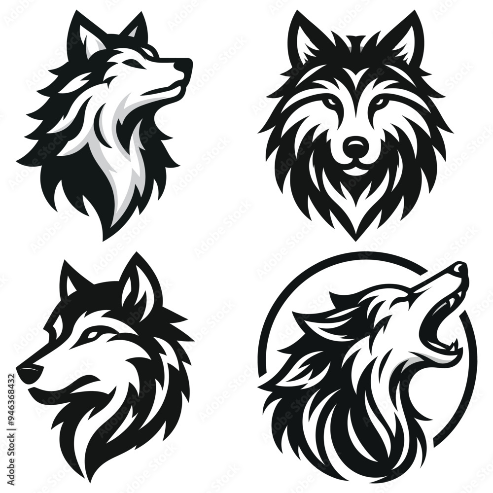 Fototapeta premium Wolf head designs, vector illustration, black and white silhouettes, perfect for logo design
