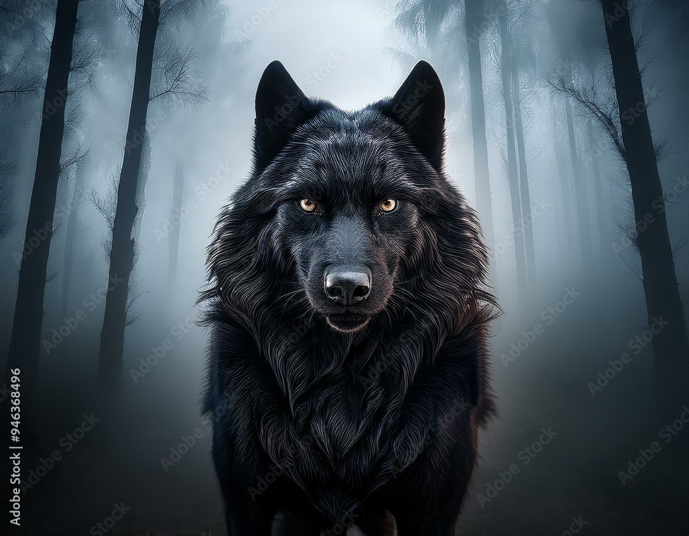 Lobo enfurecido, en mitad del bosque, con niebla Lobo enfurecido, en mitad del bosque, con niebla