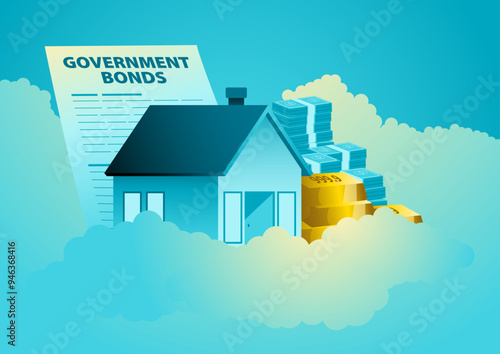 Illustration of a house, gold bars, money stack, and government bonds on clouds, symbolizing the concept of a safe haven. Ideal for financial, investment security, and wealth preservation themes