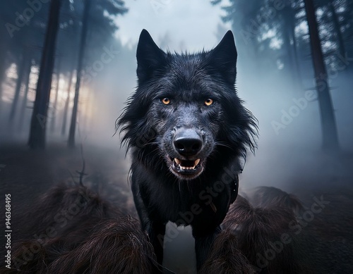 Lobo enfurecido, en mitad del bosque, con niebla