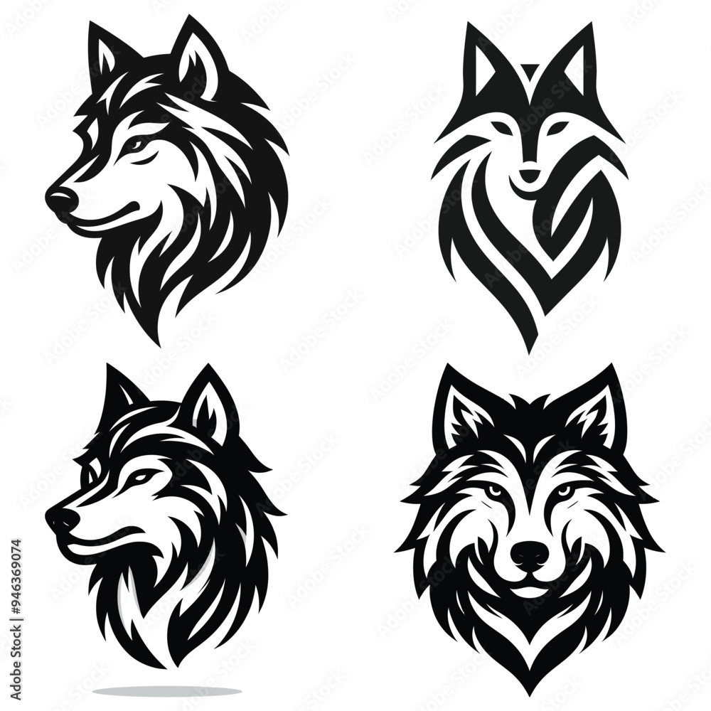 Obraz premium Abstract wolf and fox head vector illustrations, black and white, isolated on white background for branding or tattoos