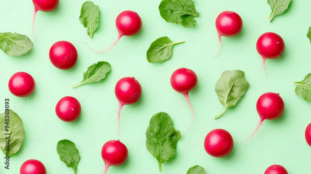 A pattern of radishes with a green leaf A pattern of radishes with a green leaf