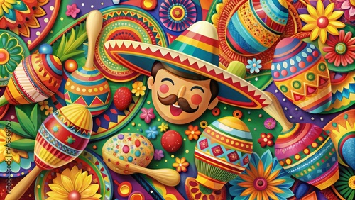 Vibrant, colorful illustrations of traditional Mexican icons, including sombreros, maracas, and piñatas, surrounded by lively patterns and bold shapes, evoking a festive and lively atmosphere.