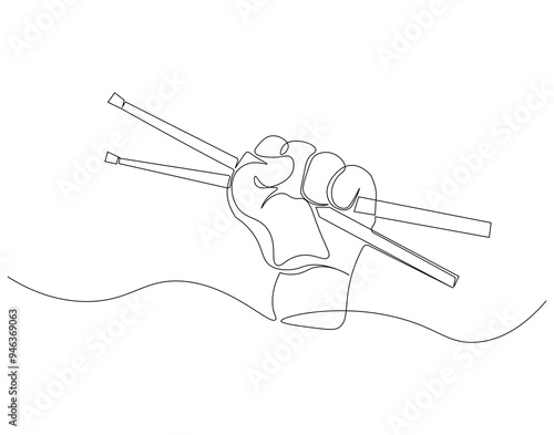 Continuous line drawing of hand holding drum sticks. Single line illustration of hand hold drum sticks. National drumming day concept. Editable outline