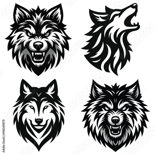 Set of fierce wolf illustrations, black and white, vector style, for logos and tattoos