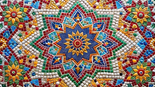 Vibrant colorful mosaic pieces intricately arranged to form a stunning geometric pattern, blending scattered fragments into a cohesive and harmonious visual composition on a white background.