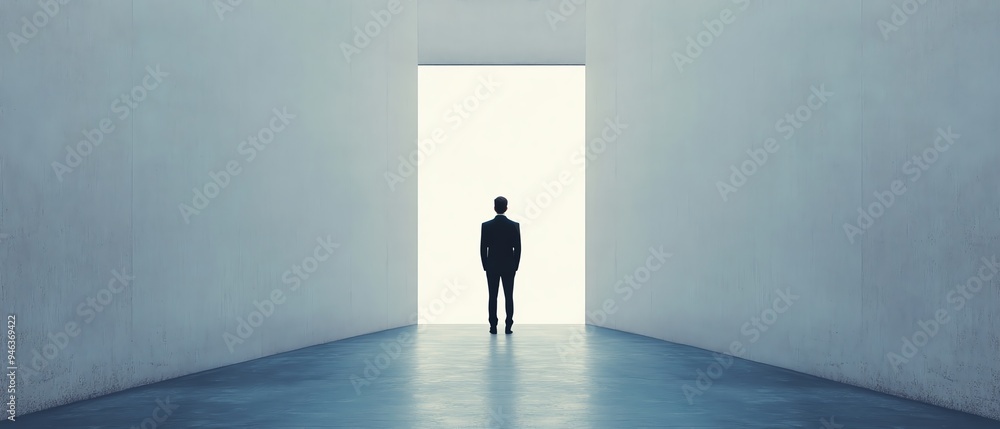 Silhouette of a person standing in a minimalistic space, symbolizing solitude, reflection, and opportunities beyond an open door. financial freedom concept. Silhouette of a person standing in a minimalistic space, symbolizing solitude, reflection, and opportunities beyond an open door. financial freedom concept.