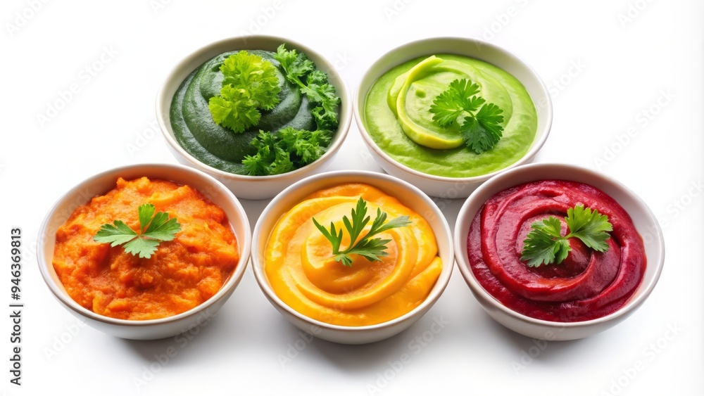 Vibrant colors of mixed vegetable puree in small bowl, garnished with fresh herbs, against a clean white background, viewed from directly above. Vibrant colors of mixed vegetable puree in small bowl, garnished with fresh herbs, against a clean white background, viewed from directly above.