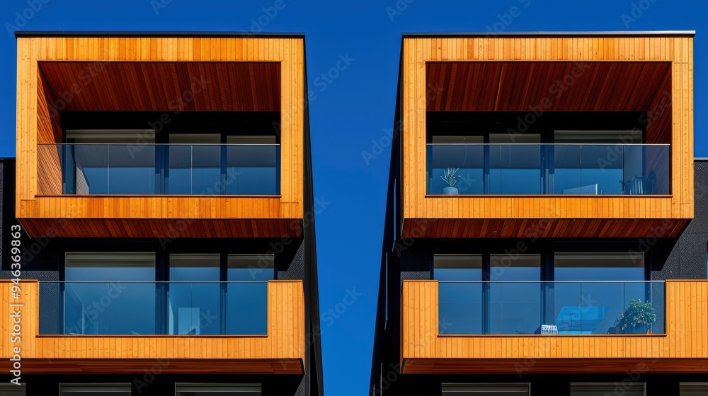 Modern Architectural Design with Wooden Facade and Glass Balconies Modern Architectural Design with Wooden Facade and Glass Balconies