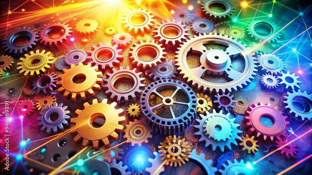 Vibrant coloured background featuring a modern hub of interconnected gears, wheels, and cogs in motion, symbolizing innovation, technology, and dynamic progress. Vibrant coloured background featuring a modern hub of interconnected gears, wheels, and cogs in motion, symbolizing innovation, technology, and dynamic progress.