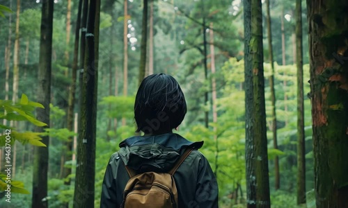 Wallpaper Mural A lone hiker gazes into the tranquil expanse of a lush green forest Torontodigital.ca