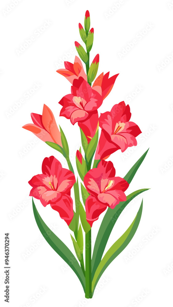Vibrant Gladiolus Flower Illustration With Leaves- Colorful and detailed illustration of a gladiolus flower with vibrant petals and green leaves, capturing the essence of nature's beauty and elegance. Vibrant Gladiolus Flower Illustration With Leaves- Colorful and detailed illustration of a gladiolus flower with vibrant petals and green leaves, capturing the essence of nature's beauty and elegance.