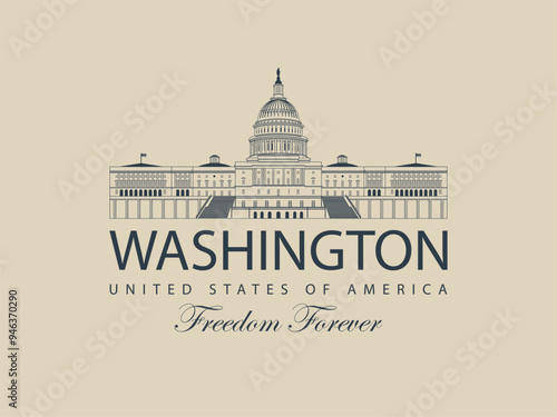 Wallpaper Mural Vector banner or card with words Freedom forever in frame with curls and contour drawing of the US Capitol Building in Washington DC in retro style. American landmark. Torontodigital.ca