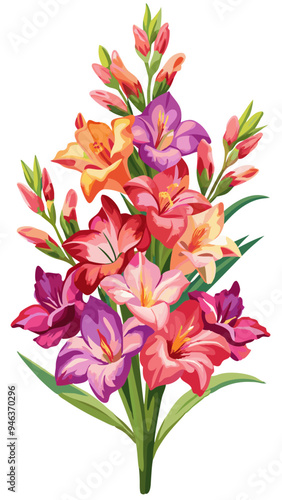 Vibrant Gladiolus Flower Illustration With Leaves- Colorful and detailed illustration of a gladiolus flower with vibrant petals and green leaves, capturing the essence of nature's beauty and elegance.