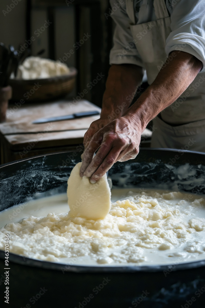 Fototapeta premium Traditional cheese-making process with a cheesemaker stirring curds in a large vat, in a rustic farmhouse kitchen.