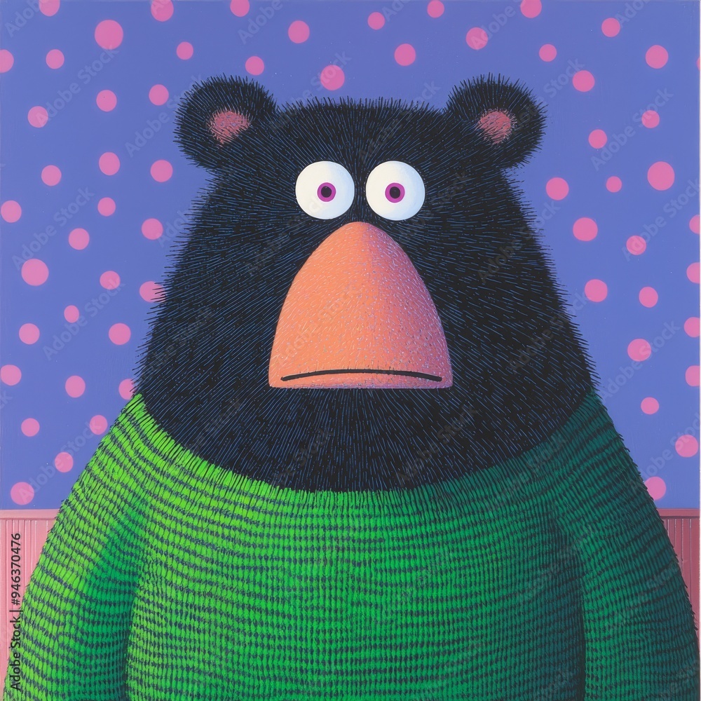 Fototapeta premium A Whimsical Bear Character Wearing a Cozy Green Sweater Set Against a Polka Dot Background