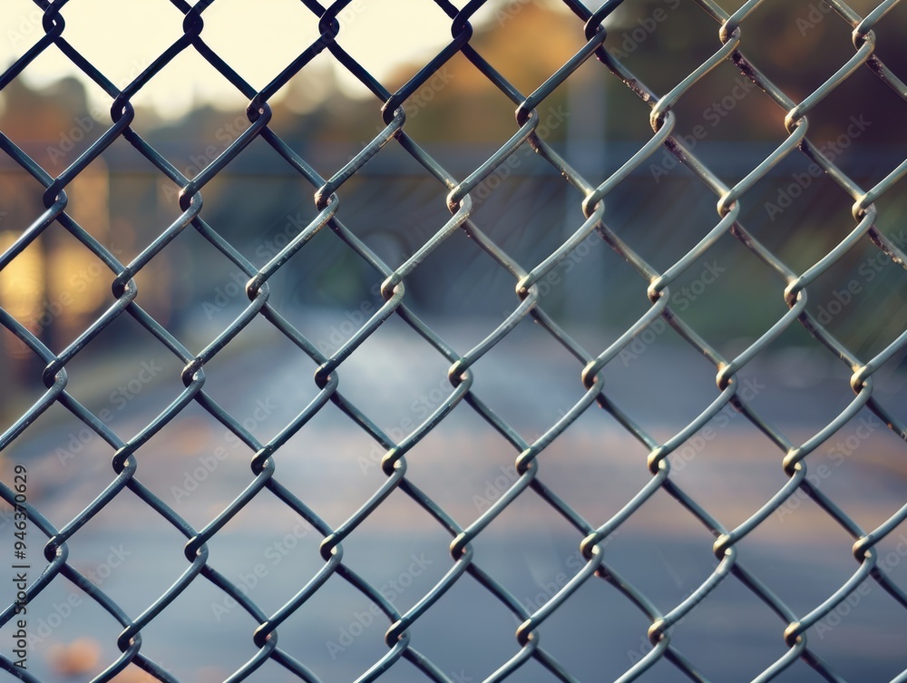 Naklejka premium A close-up view of a chain-link fence with urban street in the background and sunlight casting a subtle glow