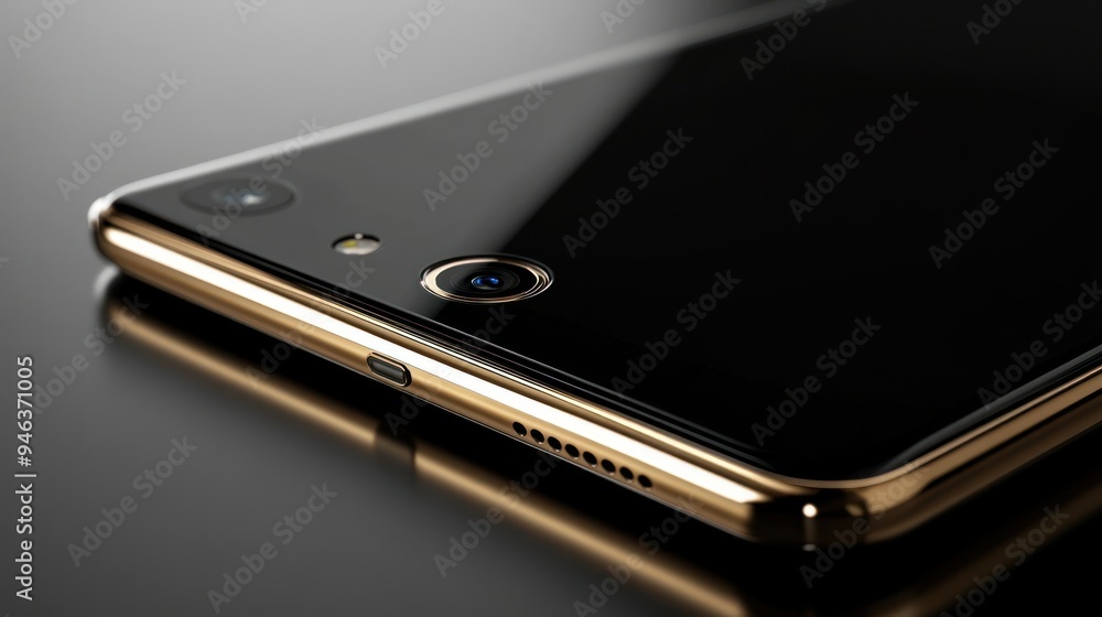 Close-up of a Black Smartphone with a Gold Trim and a Camera Lens Close-up of a Black Smartphone with a Gold Trim and a Camera Lens