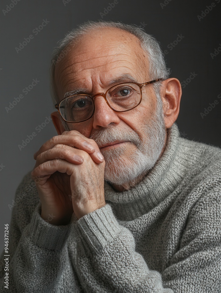 An elderly man with glasses and a white beard sits calmly, resting his chin on his hands, emanating wisdom and serenity in warm lighting. Generative AI An elderly man with glasses and a white beard sits calmly, resting his chin on his hands, emanating wisdom and serenity in warm lighting. Generative AI