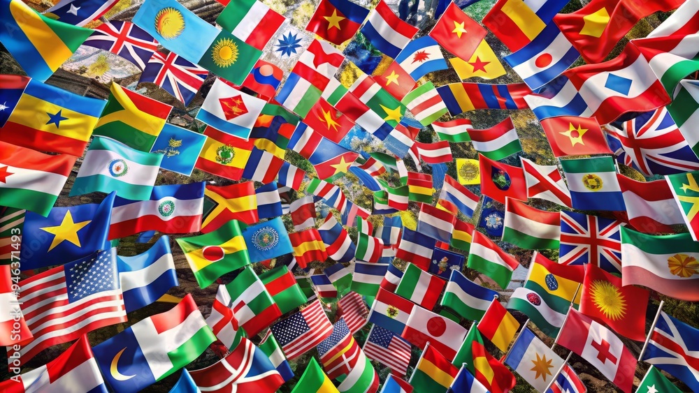 Vibrant flags of diverse nations unite in harmony, overlapping and swirling together, symbolizing global unity, cooperation, and cultural diversity. Vibrant flags of diverse nations unite in harmony, overlapping and swirling together, symbolizing global unity, cooperation, and cultural diversity.