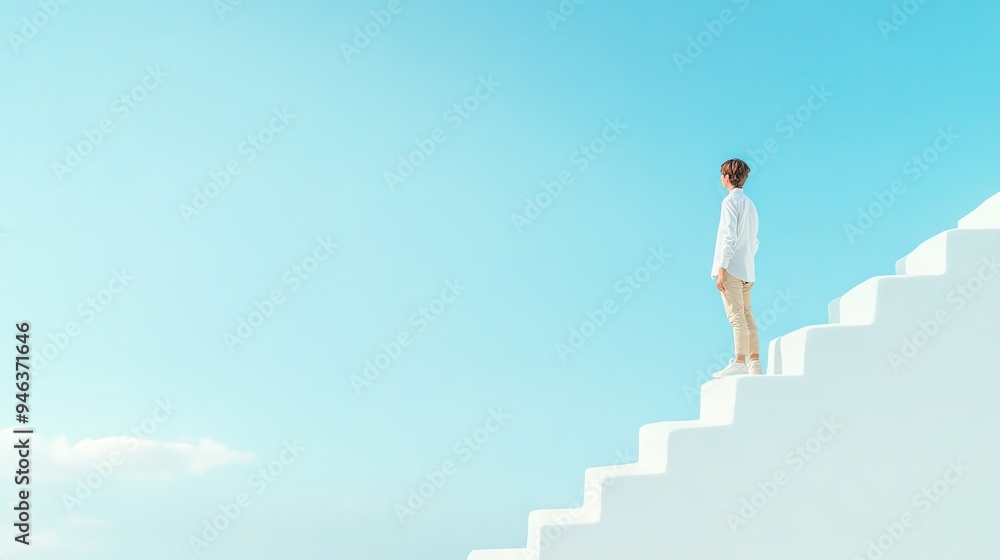 A solitary figure stands at the top of white stairs under a serene blue sky, symbolizing aspiration and exploration. financial freedom concept. A solitary figure stands at the top of white stairs under a serene blue sky, symbolizing aspiration and exploration. financial freedom concept.