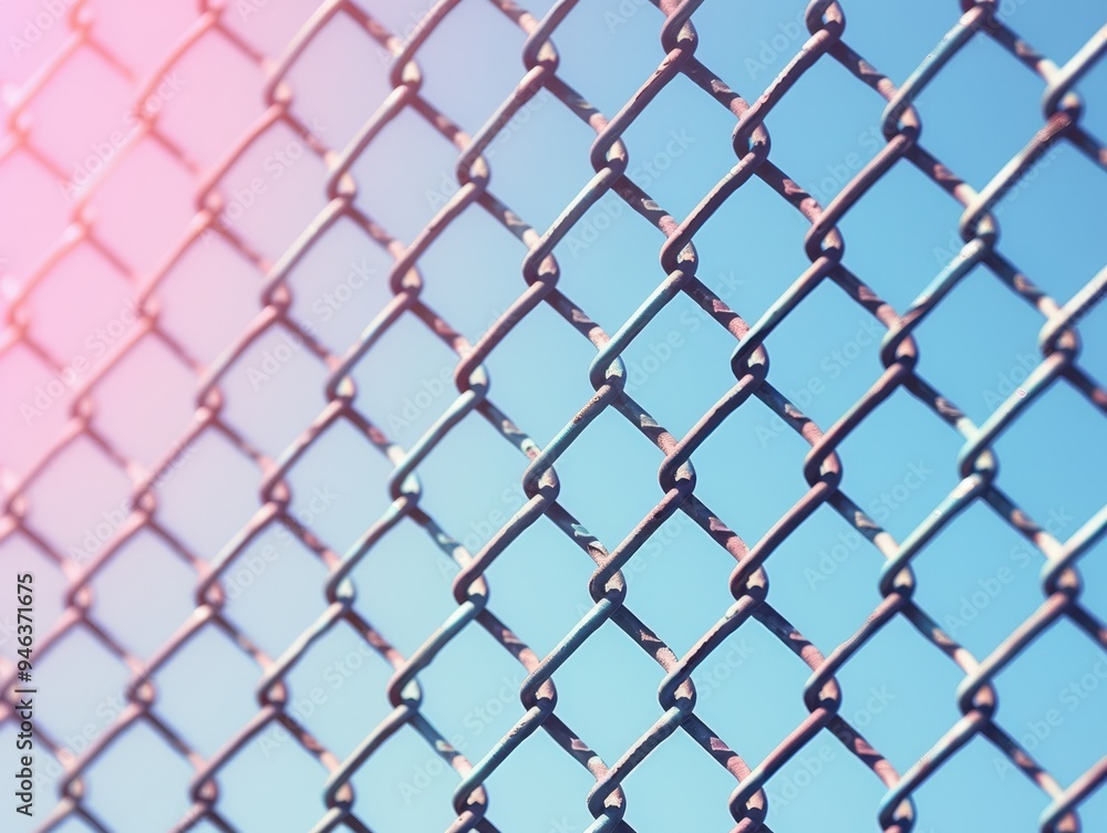 Naklejka premium Chain fence with a blue to pink gradient background and warm lighting.
