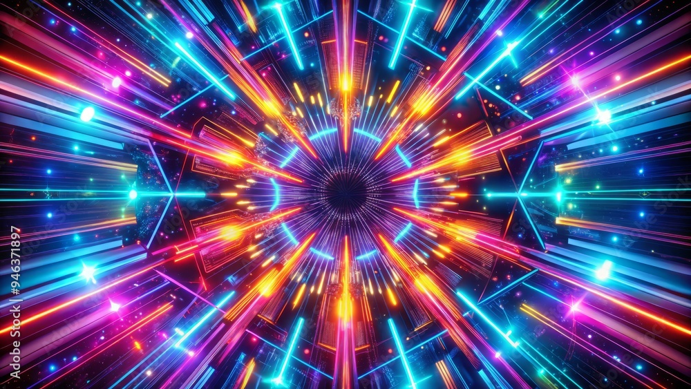 Vibrant geometric shapes in neon colors burst from a central axis, radiating dynamic energy and movement, perfect for futuristic flyers, posters, and digital designs. Vibrant geometric shapes in neon colors burst from a central axis, radiating dynamic energy and movement, perfect for futuristic flyers, posters, and digital designs.