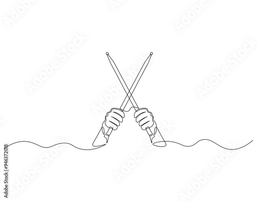 Continuous line drawing of hand holding drum sticks. Single line illustration of hand hold drum sticks. National drumming day concept. Editable outline