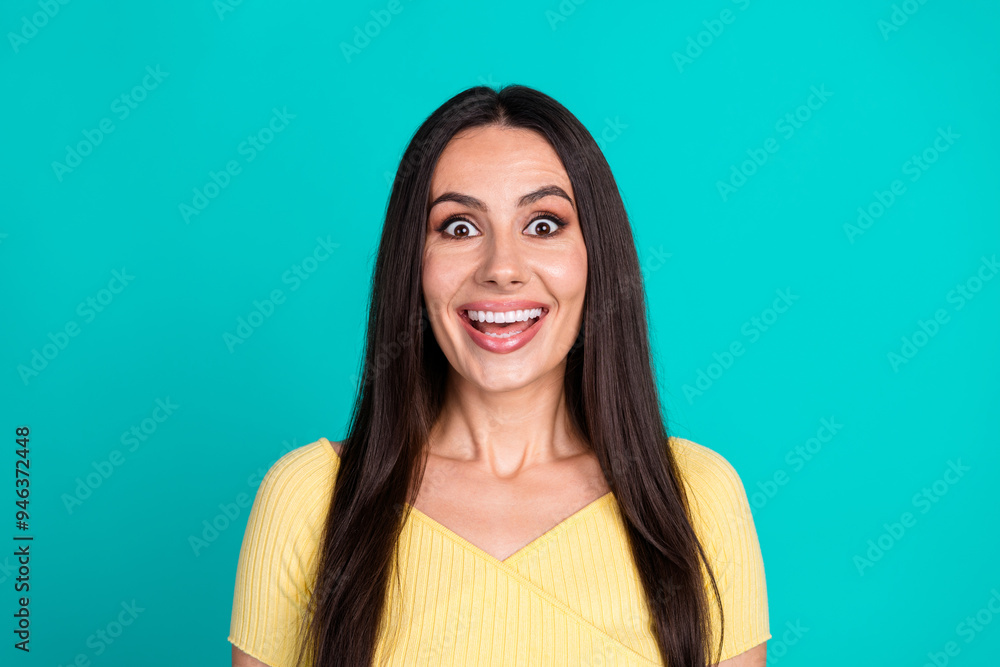 Photo of nice young woman open mouth wear top isolated on teal color background Photo of nice young woman open mouth wear top isolated on teal color background