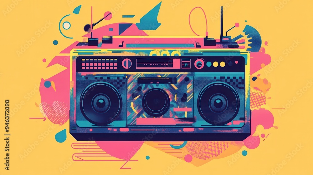 Obraz premium An eye-catching illustration features a neon boombox against a bright background filled with dynamic shapes, evoking an energetic urban vibe