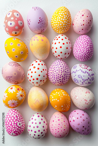 Pattern Easter egge different colour yellow, pink, purpel withe with red pattern on the egges  on ligth pink and withe  background  photo