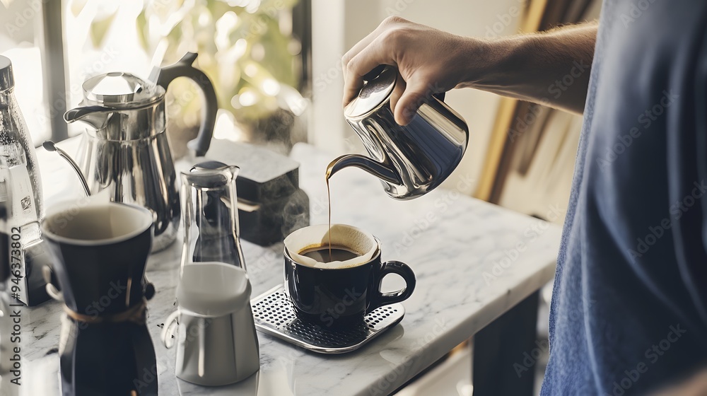 A person pours coffee from a silver kettle into a black mug. A person pours coffee from a silver kettle into a black mug.