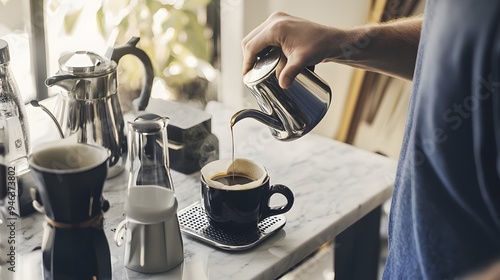 A person pours coffee from a silver kettle into a black mug.