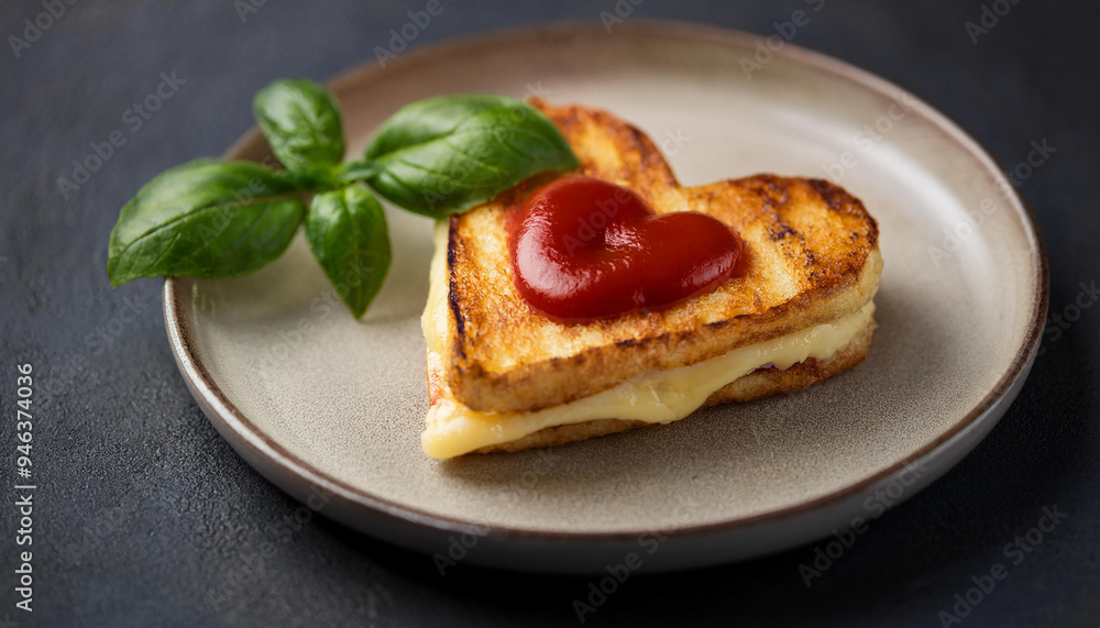 Tasty heart-shaped grilled cheese sandwich on ceramic plate with tomato ketchup and basil. Tasty heart-shaped grilled cheese sandwich on ceramic plate with tomato ketchup and basil.