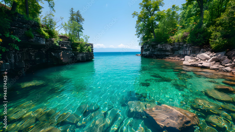 Fototapeta premium Large Body Water Next Rocky Shore