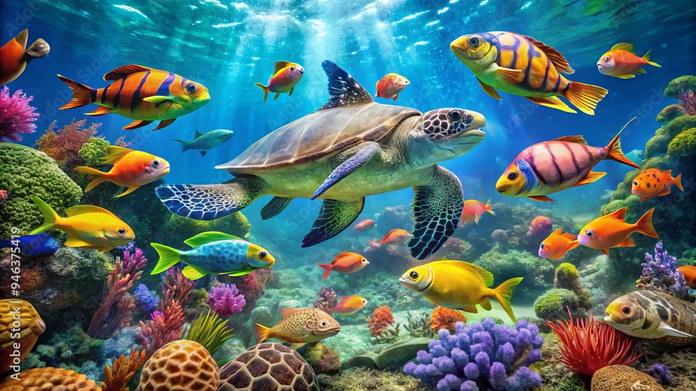 Naklejka premium Vibrant marine life swims amidst coral and seaweed in a sunny Florida aquarium, showcasing colorful fish, playful sea turtles, and oceanic wonders.
