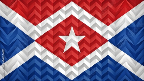 Vibrant national flag with striking geometric pattern of intersecting triangles and chevrons in bold red, white, and blue hues on a serene white background.