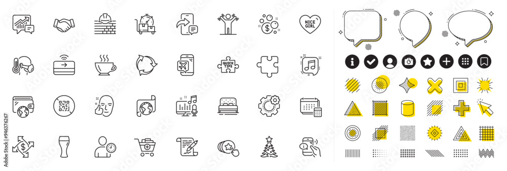 Set of Puzzle, Translation service and Accounting line icons for web app. Design elements, Social media icons. Sick man, Time management, Podcast icons. Vector