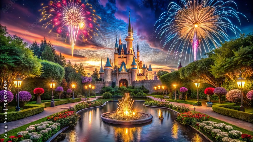 Naklejka premium Vibrant nighttime scene of iconic fairy-tale castle surrounded by lush gardens, sparkling water features, and majestic fireworks exploding in a starry sky.