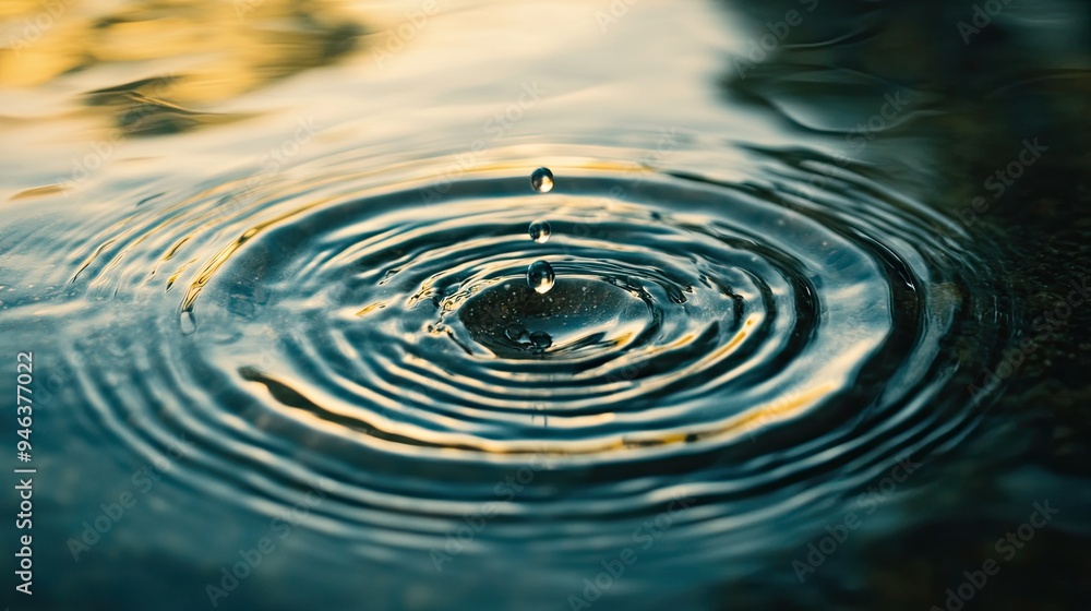 A water droplet hitting the surface, sending out concentric ripples in a serene, reflective moment. A water droplet hitting the surface, sending out concentric ripples in a serene, reflective moment.
