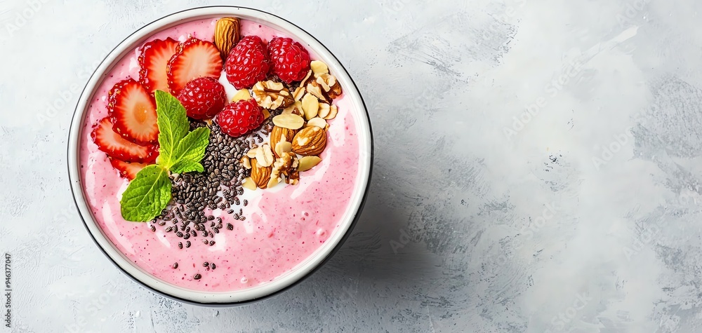 A smoothie bowl made with kefir, topped with seeds, nuts, and sliced fruits, arranged in an aesthetically pleasing way Probiotic-rich diet concept. A smoothie bowl made with kefir, topped with seeds, nuts, and sliced fruits, arranged in an aesthetically pleasing way Probiotic-rich diet concept.