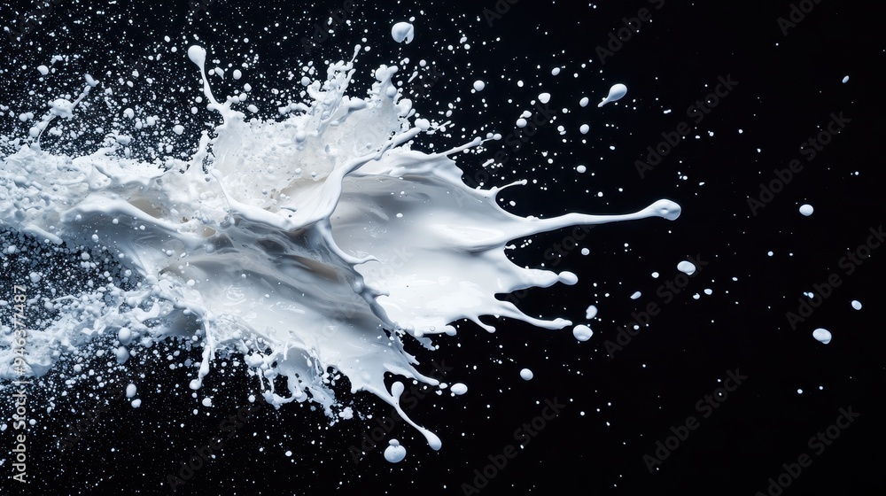 A striking image of milk splashing mid-air against a black background ...