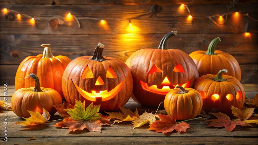 Vibrant orange pumpkins with playful, jack-o-lantern faces, featuring carved smiles, triangular noses, and glowing eyes, arranged on a rustic wooden table amidst autumn leaves. Vibrant orange pumpkins with playful, jack-o-lantern faces, featuring carved smiles, triangular noses, and glowing eyes, arranged on a rustic wooden table amidst autumn leaves.