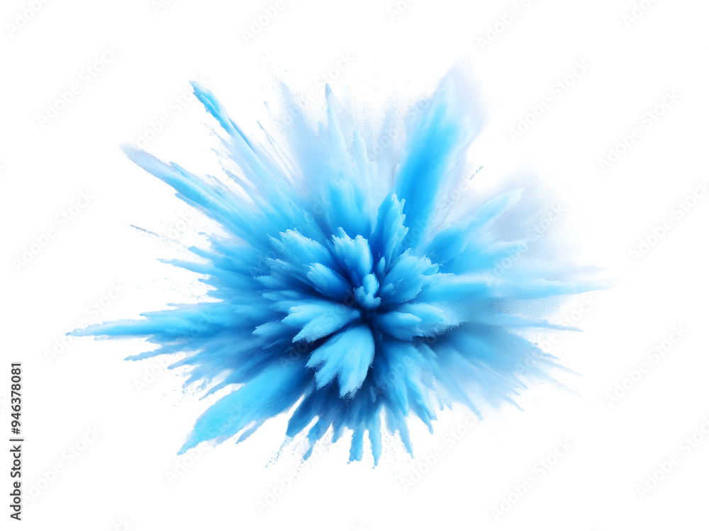 Obraz premium Sky blue powder explosion frozen in the air, forming a flower-like pattern, isolated on transparent background PNG