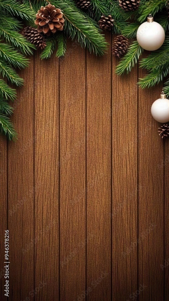 Pine branches and cones are arranged beautifully against a dark wooden background, featuring a white ornament hung on a branch, ideal for holiday design or seasonal projects Pine branches and cones are arranged beautifully against a dark wooden background, featuring a white ornament hung on a branch, ideal for holiday design or seasonal projects