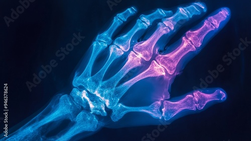 A captivating X-ray image of a human hand showcasing the intricate joint structure, emphasizing bone density, anatomy, clarity, and health awareness. photo