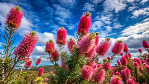 Vibrant pink flowers of Adenanthos pungens, also known as woolly bush, bloom against a soft blue sky with subtle clouds in a serene Australian landscape. photo