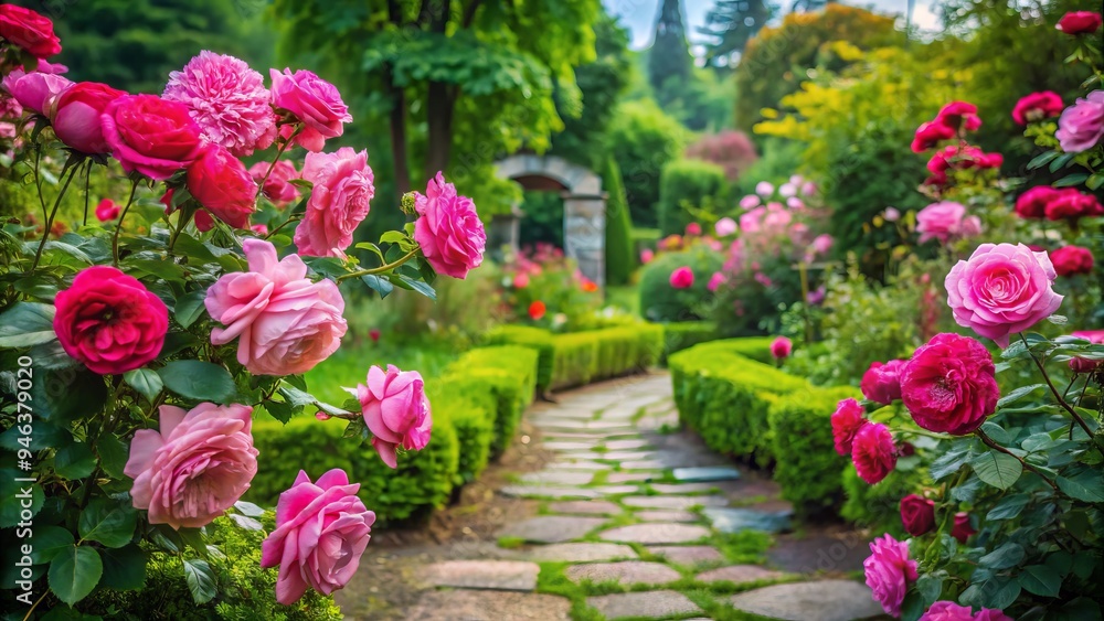Vibrant pink roses bloom amidst lush greenery and delicate stone pathways in a serene and picturesque garden setting, surrounded by soft focus foliage. Vibrant pink roses bloom amidst lush greenery and delicate stone pathways in a serene and picturesque garden setting, surrounded by soft focus foliage.
